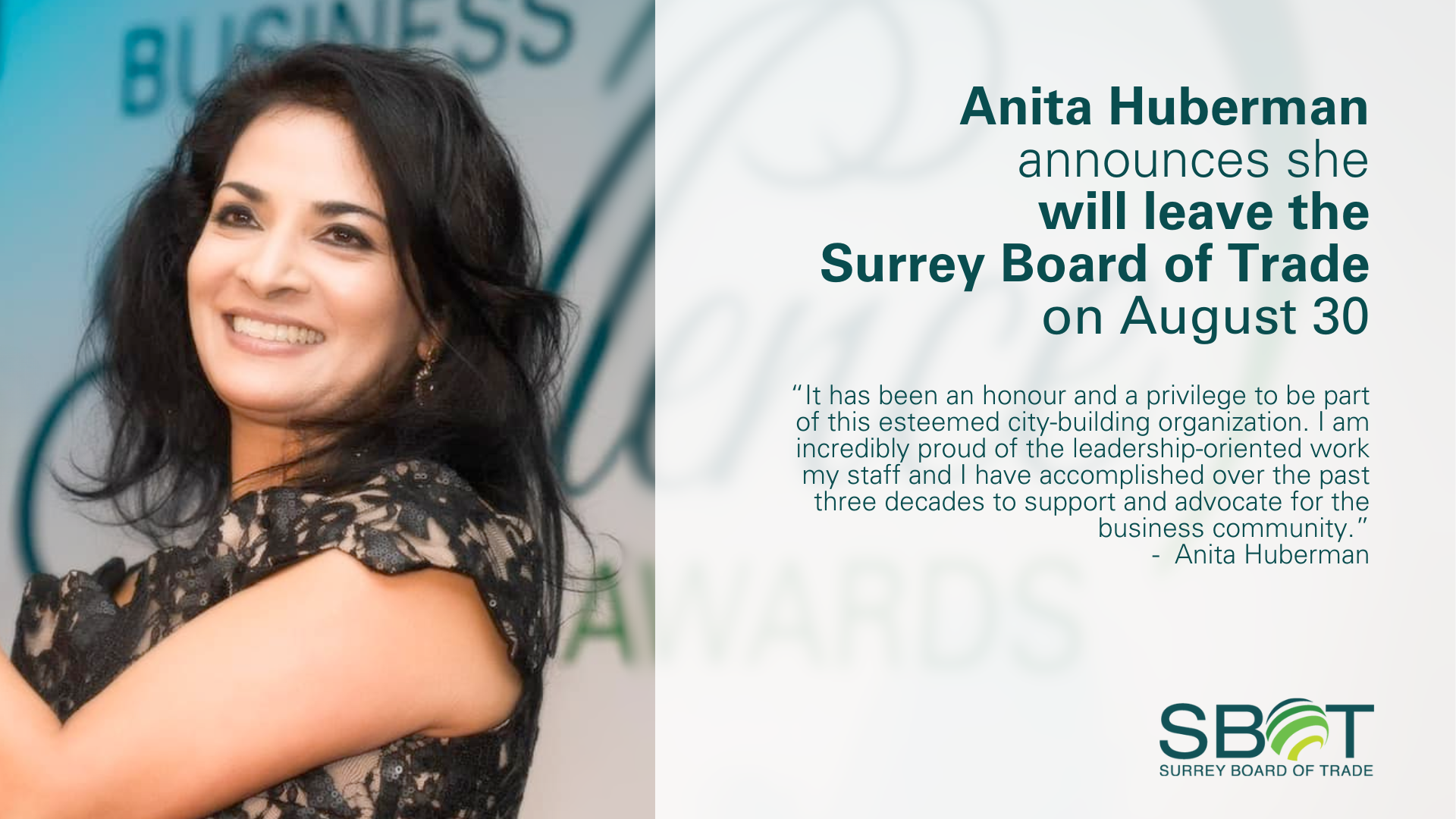Long Time Surrey Board Of Trade CEO Anita Huberman Announces She’s Leaving On August 30